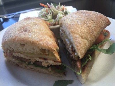 Martha's Vineyard Restaurants: Frugal Foodie Slice Of Life chicken sandwich was served on ciabatta, with lettuce, tomato, cheddar and housemade basil mayo