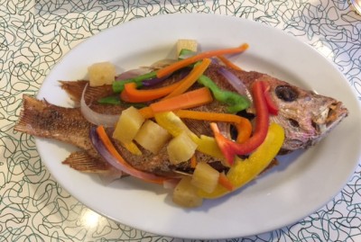 Edgartown Diner Caribbean Food Night Escovitch Fish, deep fried snapper served with peppers, pineapple and onions Martha's Vineyard Restaurants