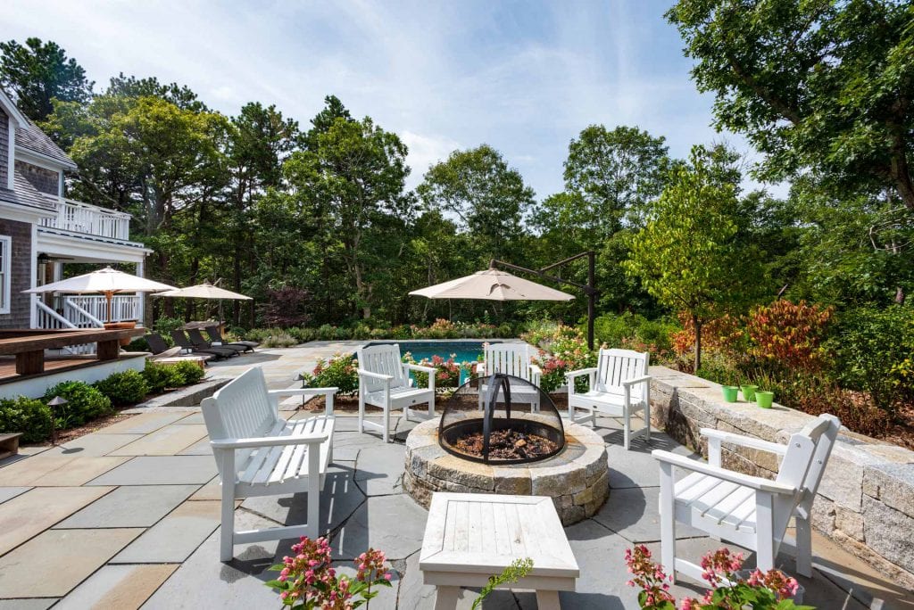 Outdoor Living Spaces Include Fire Pit Area, Dining Area, Lounge Areas And Heated Pool - Newly Listed Martha's Vineyard Vacation Rentals For Summer 2020