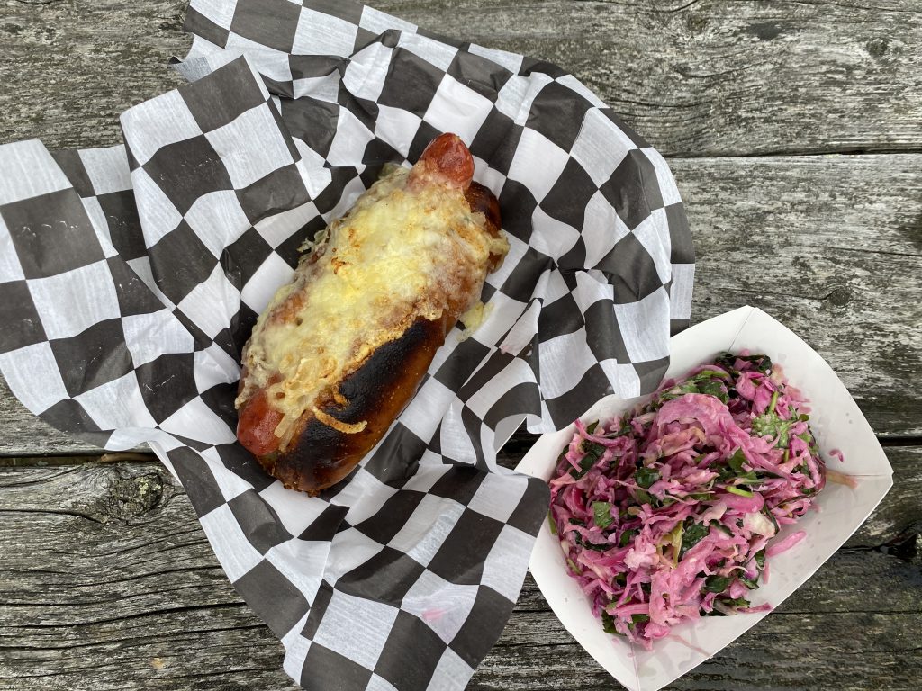 Goldie’s Rotisserie Food Truck Enters The Martha's Vineyard Food Scene - French Onion Hot Dog Kale Slaw Point B Realty On Point MV Blog