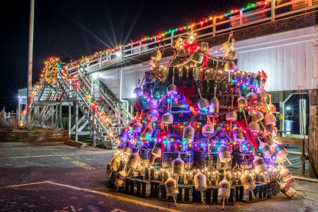 The iconic lobster trap tree on display at Memorial Wharf Christmas in Edgartown