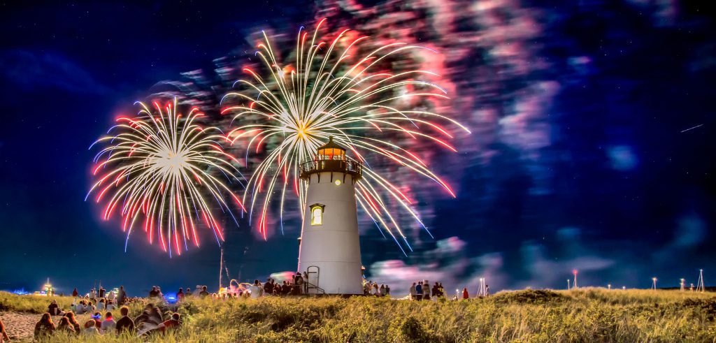 Save the Date for These Martha's Vineyard Summer Events in 2024 A colorful fireworks display at the Edgartown Lighthouse.
